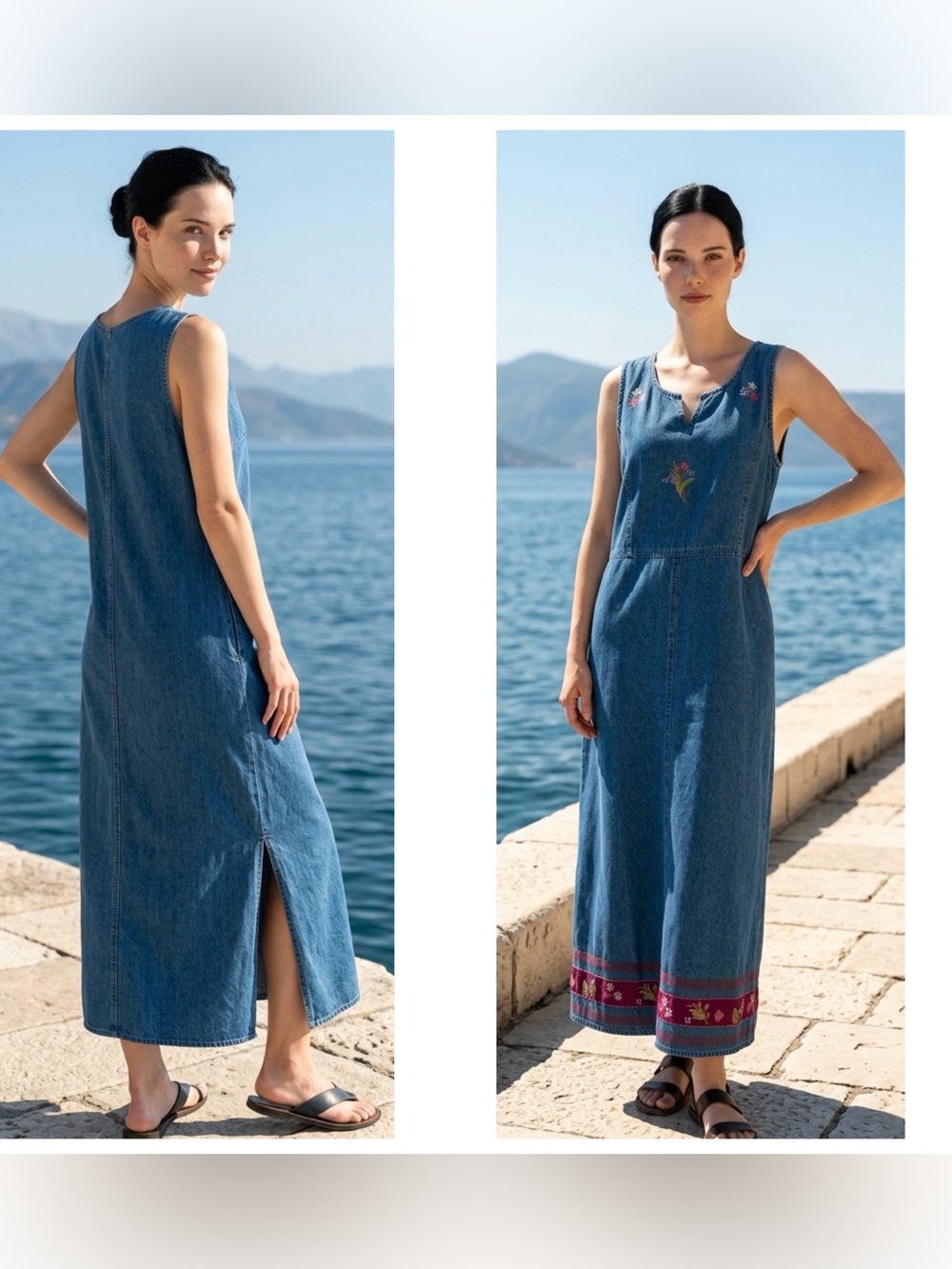 Agazo Women Vintage Sz L embroidered sleeveless Cotton denim pullover Maxi dress